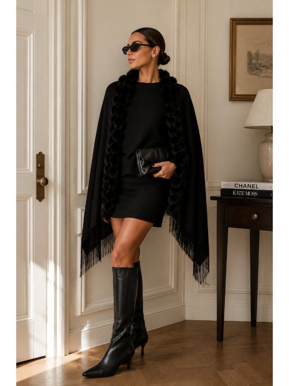 Belle Fare Black Cashmere Rabbit Fur Trim Wrap Shawl Cape Poncho Fringe One Size
